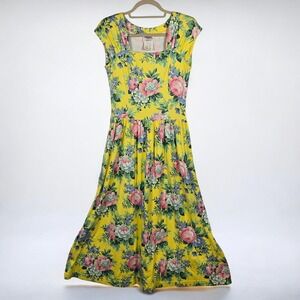 VTG Lanz Originals Maxi Dress Yellow Floral Woman Size 4 Cap Sleeve‎ Square Neck